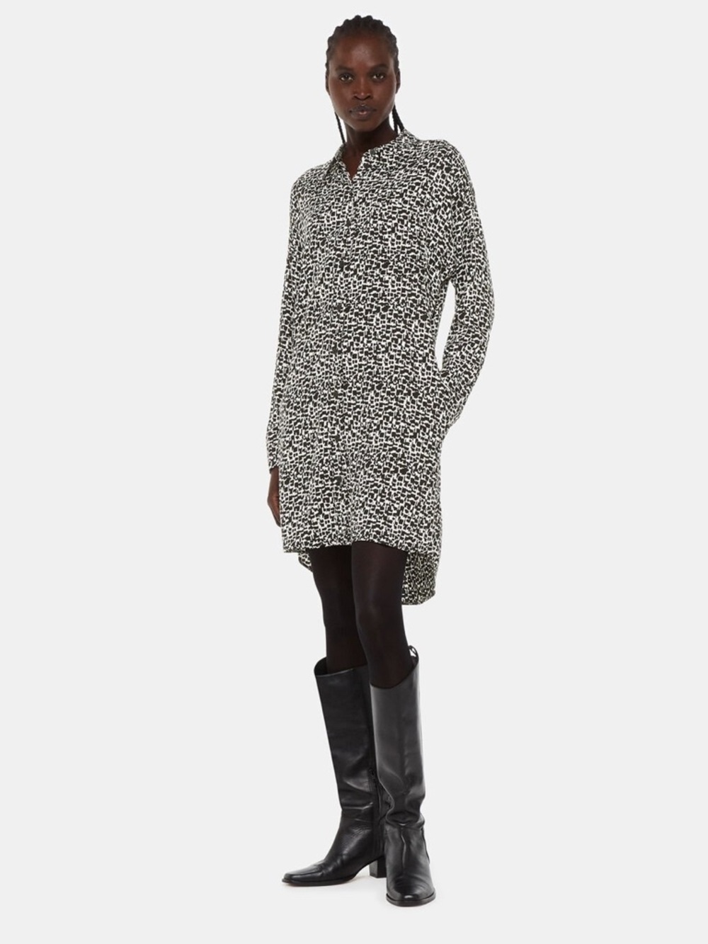 Whistles Black Helena Fuzzy Squares Dress Size US 8 Hi Low Pockets Long Sleeve